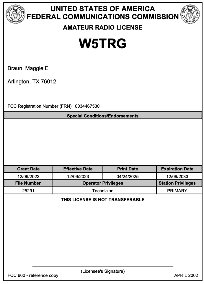 Ham Radio License for W5TRG